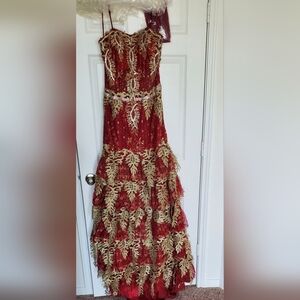 Romance Couture Red & Gold Beaded Mermaid Gown – Size 12